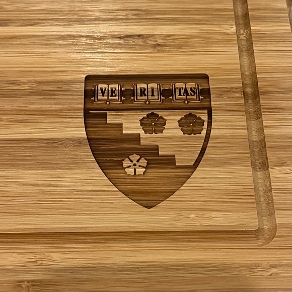 NEW Harvard Insignia Bamboo Serving Tray w/ 3 Ceramic Bowls & Serving Spoons - Picture 6 of 8